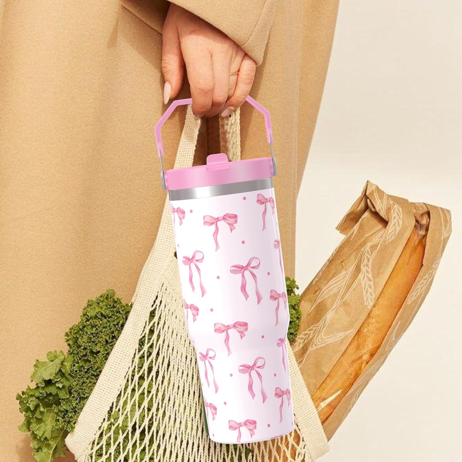 30 oz Bow Tumbler with Straw Handle, Gifts for Women Who Loves Bow, Stainless Steel Insulated Water Bottle Coffee Cups for Home Office Travel