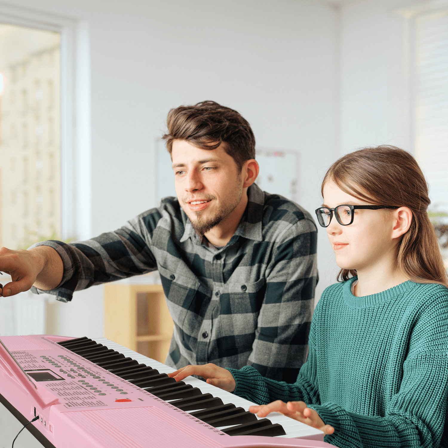 Hassch 61 Key Keyboard Piano with Stand and Bench, Built-In Speakers, Headphone, Microphone, Music Rest, LED Screen, 3 Teaching Modes for Beginners Starters, Pink