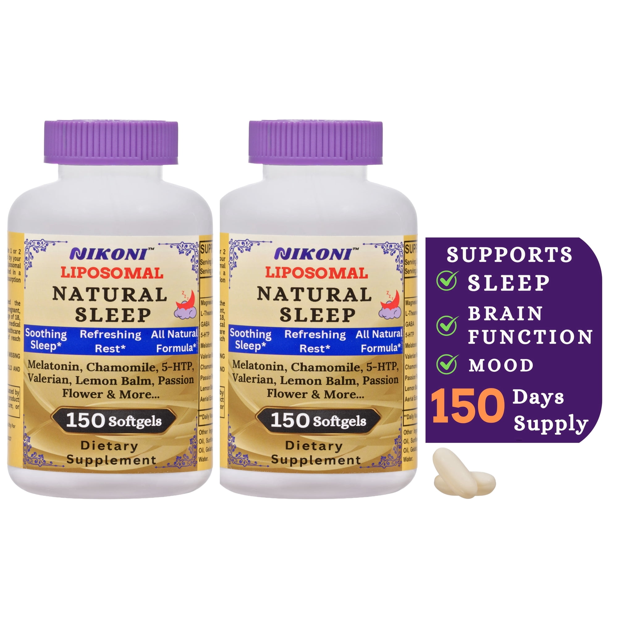 Nikoni Liposomal Sleep and Mood Support Supplement Natural Blend for Relaxation and Emotional Wellness 300 Softgels.