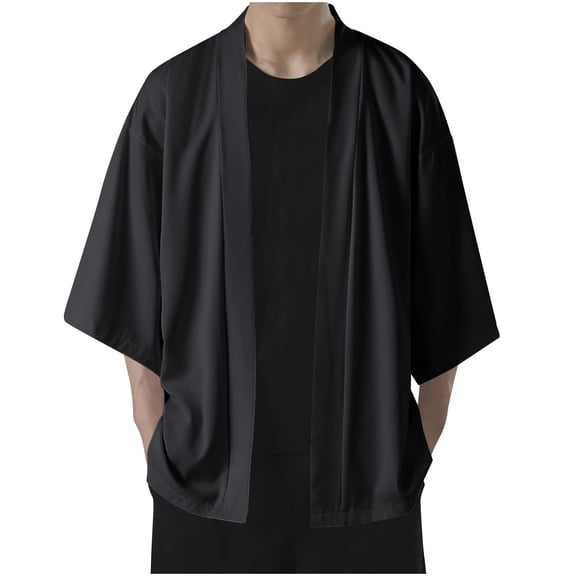 WAENQINLA Men's Ice Silk Japanese Haori Jacket Summer Sun Protection 3/4 Sleeve Cardigan Lightweight Open Front Outwear Coat,M-5XL