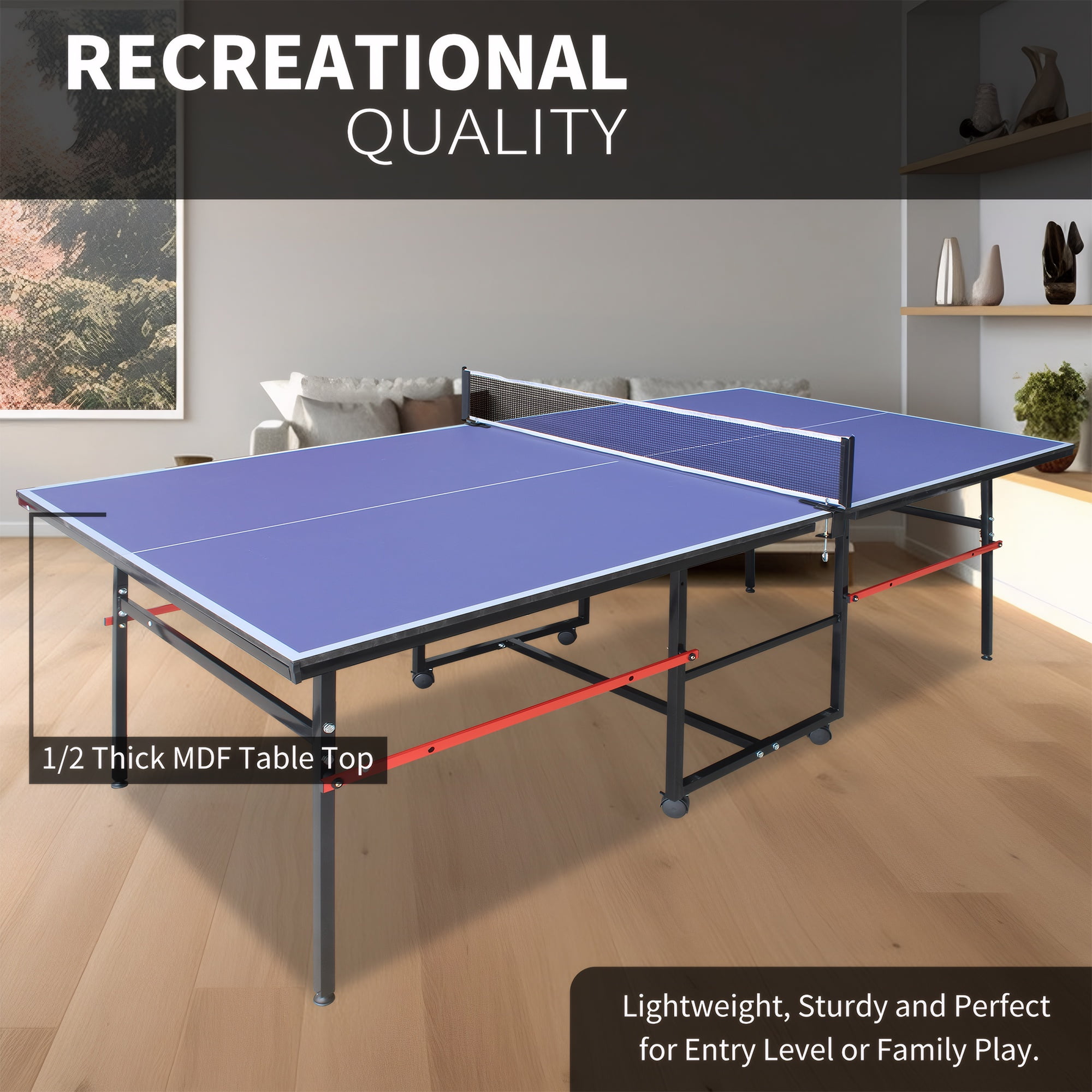 8FT Mid-Size Table Tennis Table, SEGMART Foldable Outdoor Ping Pong Table with Net, 2 Table Tennis Paddles and 3 Balls, Portable Table Tennis Game Set for Indoor Outdoor, Blue