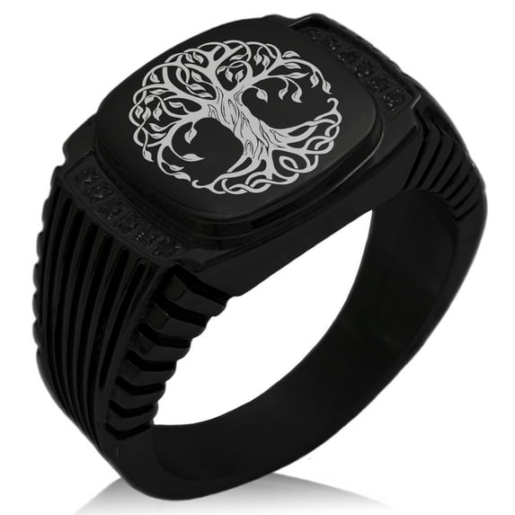 Stainless Steel Celtic Knot Tree of Life CZ Ribbed Needle Stripe Pattern Biker Style Polished Ring