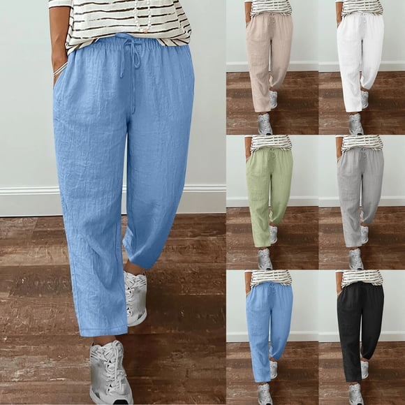 Sentmoon Womens Spring Pants Solid Color Elastic Waist Baggy Pants Women Plus Size Loose Fit Straight Leg Stylish Summer Stretch Pants for Women Beach Necessities for Travel and Vacation