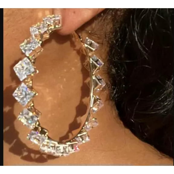 EOEMY Large Rhinestone Earrings Luxury Crystal Hoop Sliver Tone Round 7 Cm