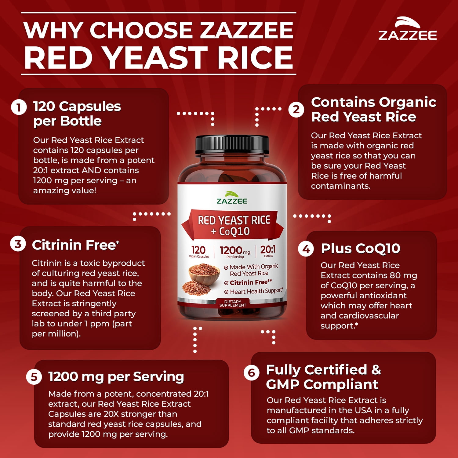 Zazzee Organic Red Yeast Rice 1200 mg – Supports Heart Health & Cholesterol – 20:1 Extract
