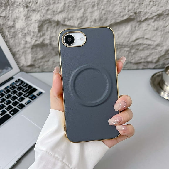 Designing For iPhone 16e Phone Case,Compatible with Mag-safe,Luxury Electroplated Frame,PU Leather   Hard PC Shell Ultra Thin Slim Shockproof Durable Protective Phone Case,Gray