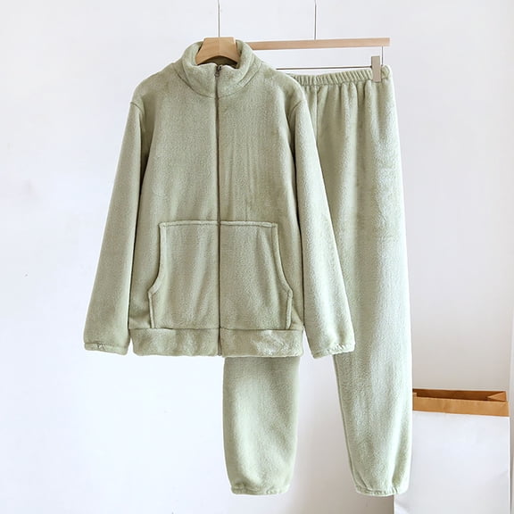 Wowcloth Woman's Casual Pajama Set, Solid Color Fashion Round Neck Cardigan, Fleece-Lined Plush Thickened Thermal Cozy Sleepwear for Lounge and Home