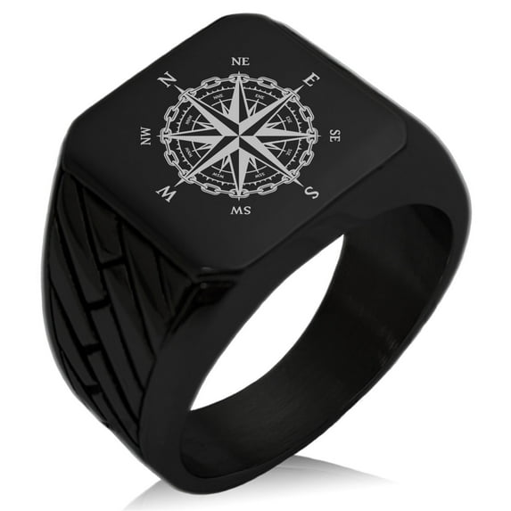 Stainless Steel Nautical Chaim Compass Geometric Pattern Biker Style Polished Ring