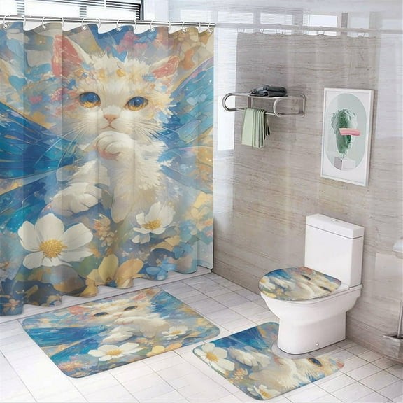 Crystal Cat 4 Pcs Shower Curtain Set with Rug Bathroom Sets with Waterproof Fabric And Non-Slip Rugs Toilet Lid Cover Bath Mat Decor with Hooks