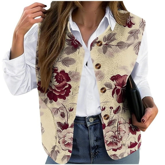 successthop Womens Plus Size Vests for Winter Flannel Floral Oversized Coat Button Up Clothes Lightweight Outerwear