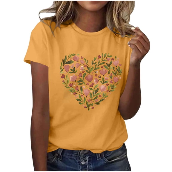 Sexlip Womens Short Sleeve Floral Print Crew Neck T Shirt Soft Fabric Casual Silhouette for Casual Hangouts Yellow S