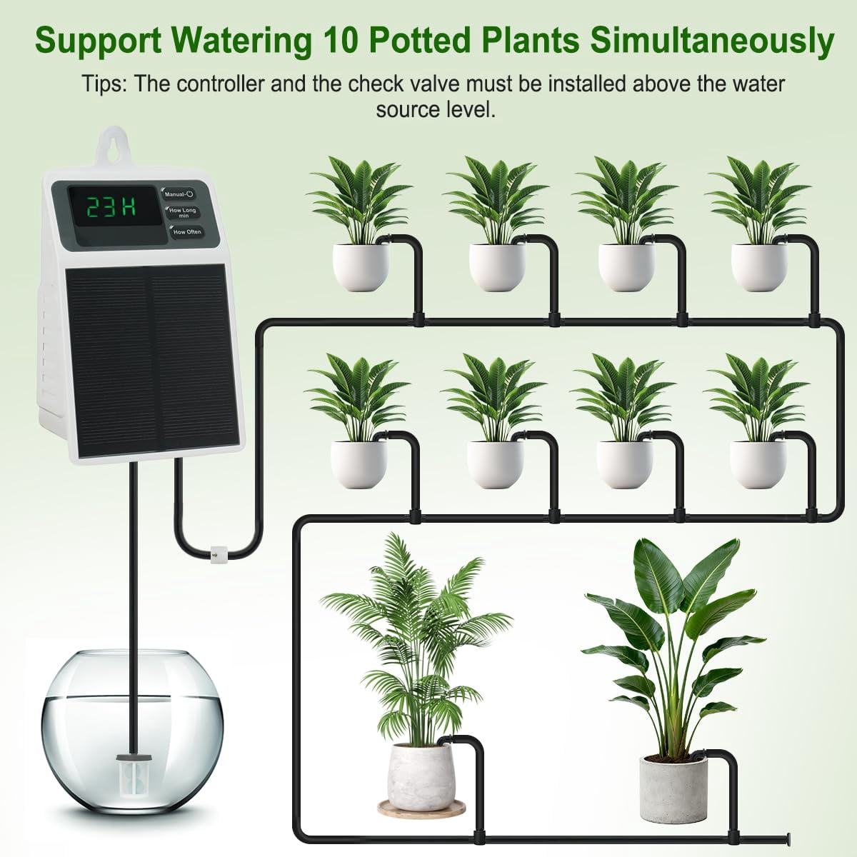 Easy Solar-Powered Drip Irrigation Kit - Automatic Watering System for Garden, Patio & Houseplants - Includes Water Pump, 33ft Tubing, 10 Drippers - Saves Time & Water
