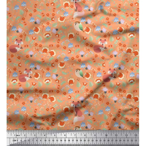 Soimoi Cotton Duck Fabric Floral,Bird & Fox Cartoon Print Fabric by Yard 56 Inch Wide