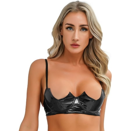Yeahdor Womens Half Cup Bra Underwired Brassiere Exotic Wet Look Patent Leather Bralette Lingerie Black XXL