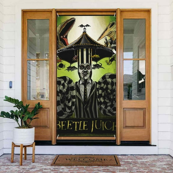 Beetlejuice Door Cover Decorated Banner Background Decorative Tapestry Holiday Party Photography (35.4″ X 72.8″)