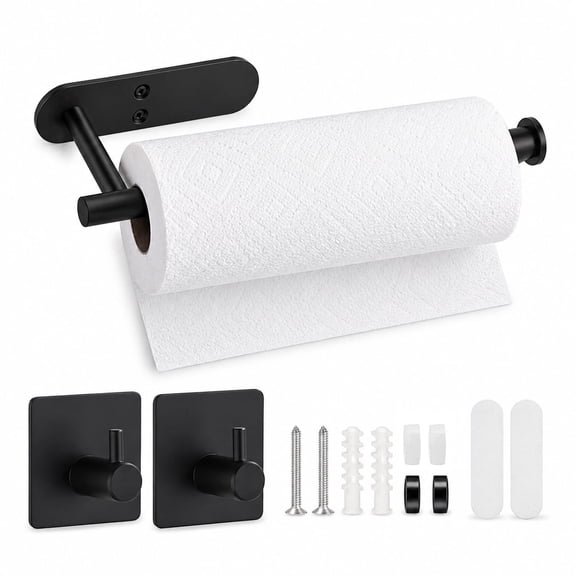 Paper Towel Holders with 2 Pack Adhesive Hooks, Wall Mount Kitchen Paper Holder Under Cabinet, Black