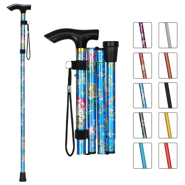 Bastón plegable MFE, portátil, ajustable en 5 niveles de altura, con diseño plegable, correa de muñeca y mango en T para hombres y mujeres (floral azul)