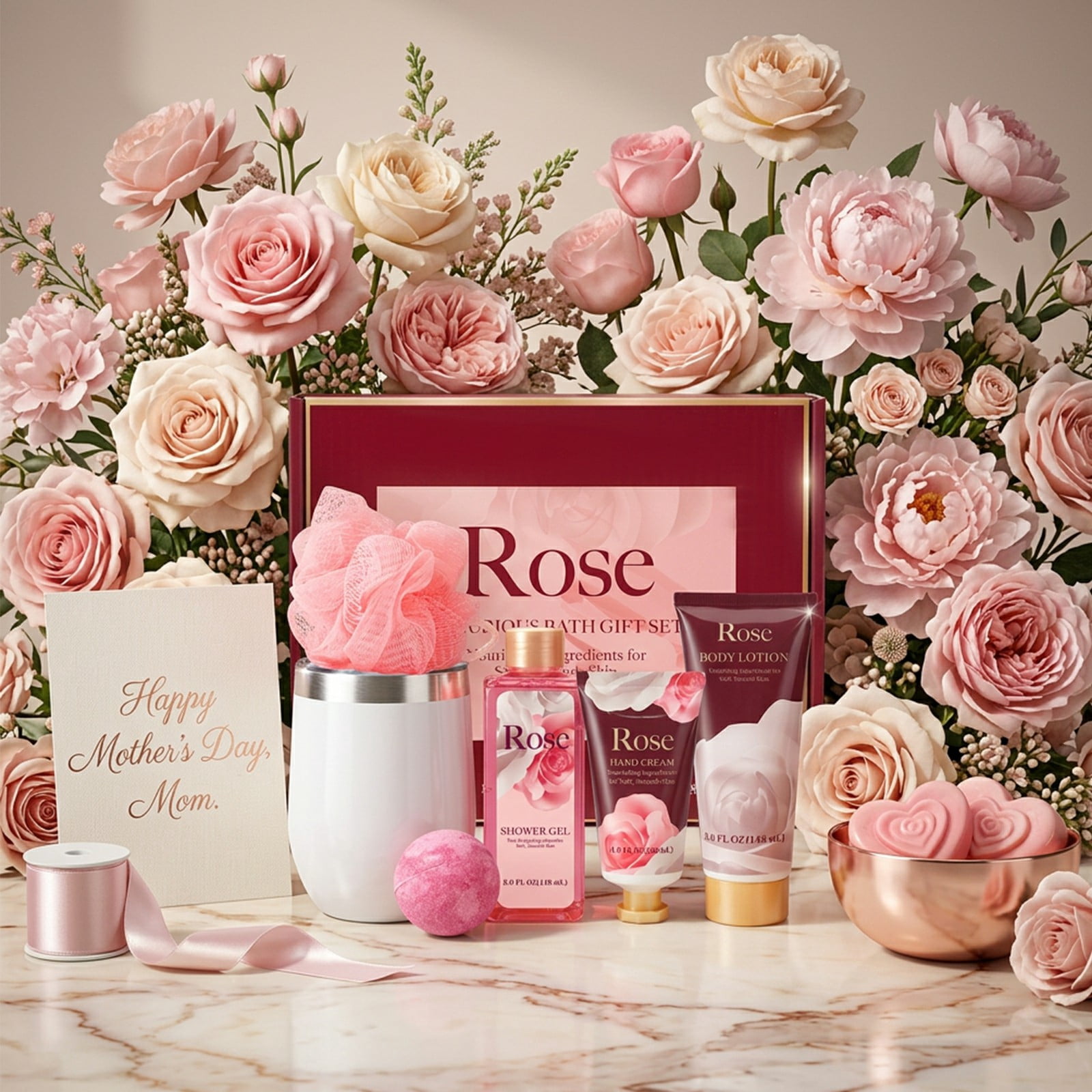 Green Canyon Spa Gift Baskets for Women, Rose Scent Bath Sets with Tumbler, Happy Birthday Gifts Ideas for Her