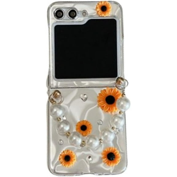 for Samsung Galaxy Z Flip 6 Case,Cute Chrysanthemum Pattern Dazzling Luster,Ladies Girls Fun Phone Cover for Galaxy Z Flip 6 with Pearl Wrist Chain