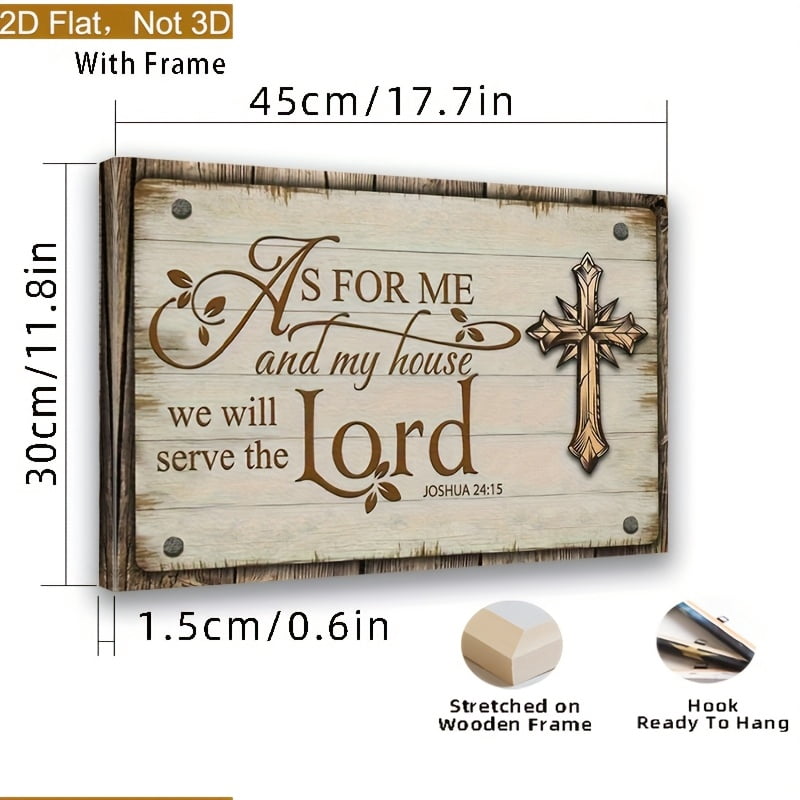 1pc Christian Religious Wall Art - "As for Me And My House, We Will Serve The Lord" Bible Verse Painting (Joshua 24:15) - Golden Letter Cross - Framed Wall