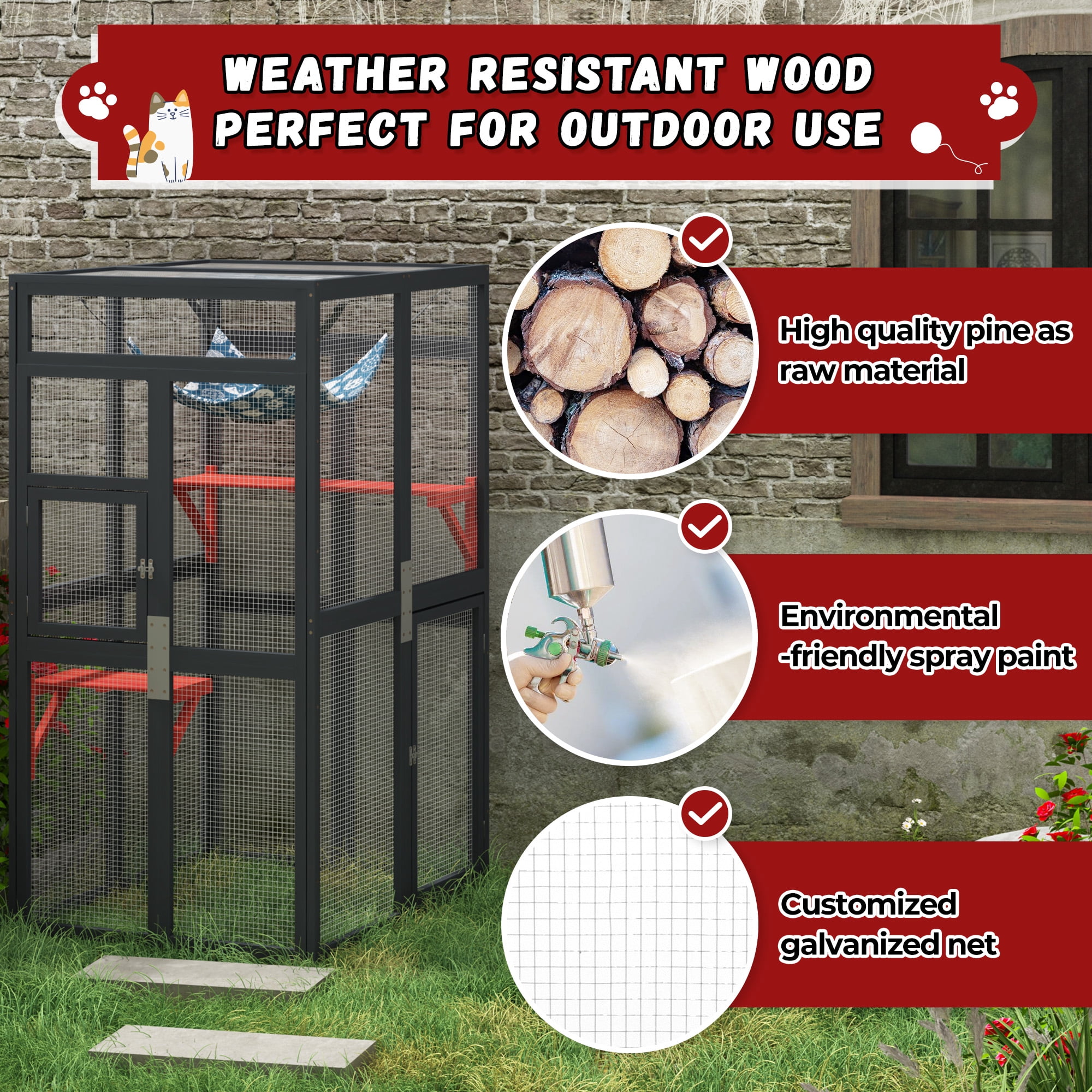 COZIWOW 64" Catio Outdoor Cat Enclosure Window Access with 3 platforms & hammock, Waterproof Roof Wooden Cat House Cage Indoor, Black