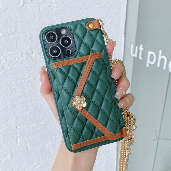 Wallet Case for iPhone 14, Luxury Fashion Flower Design Purse PU Leather Cover with Card Slots Crossbody Metal Chain Shoulder Strap Case for iPhone 14 Women Girls, Green