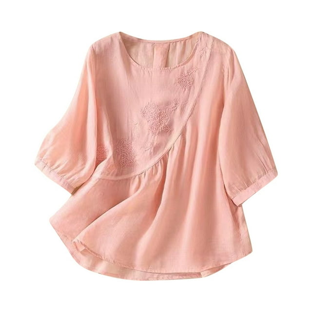 UANWENN T-Shirt à Manches Longues Col Rond Brodé Printemps/ Femme Boho Coupe Ample Appliqué Floral Grande Taille Col Roulé Manches Longues pour Femmes Pack