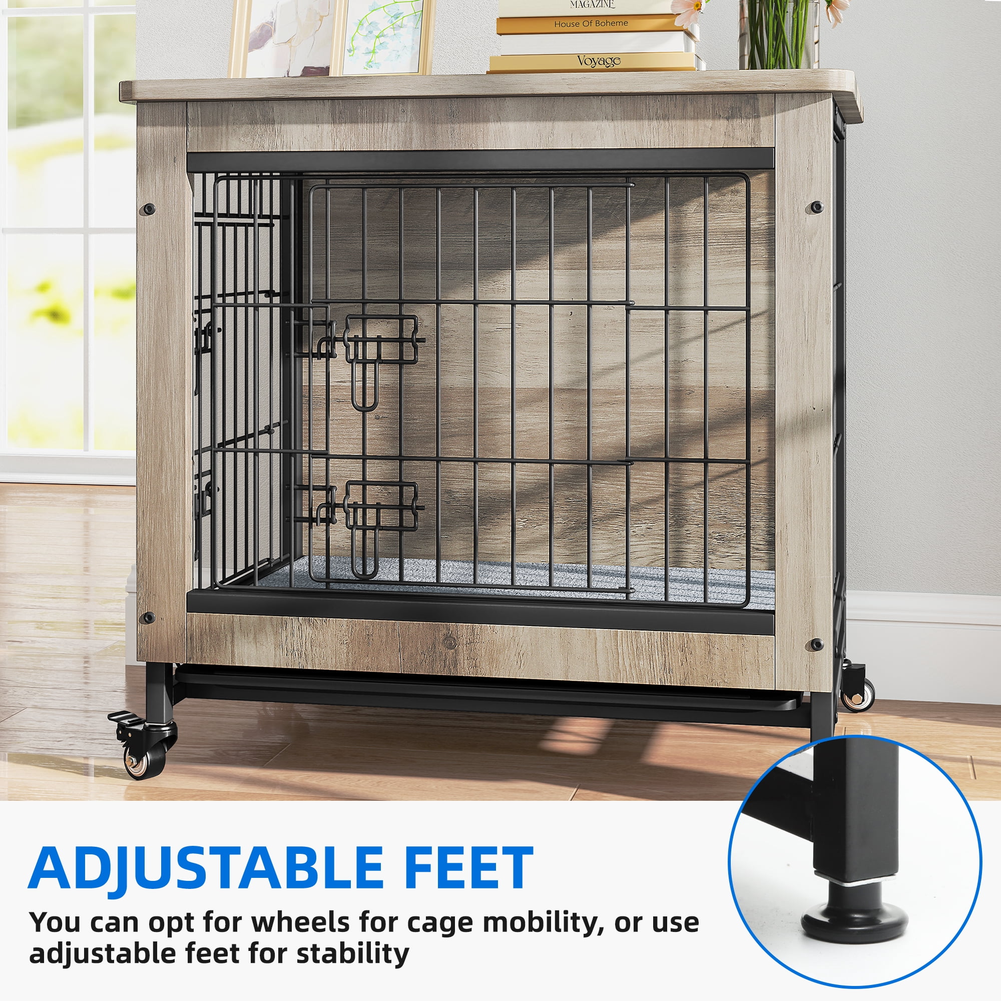 Dextrus Dog Crate Furniture  with Double Doors, Indoor Dogs Kennel with Wheels,Dog Crate End Table with Cushion & Tray-27.1"L x 18"W x 24.8"H,Gray