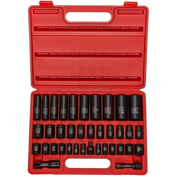 NEIKO 02443A 3/8" and 1/2" Drive Master Impact Socket Set | 38 Piece | Standard SAE (Inch) and Metric (mm) Sizes Below | Deep and Shallow Kit | Cr-V Steel | Includes Duometric Sockets