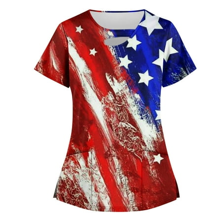 

BIZIZA Maternity Scrubs for Women Casual V Neck Oversized Workwear Short Sleeve with Two Pocket 4th of July Graphic Womens Spring Tops Plus Size Red L