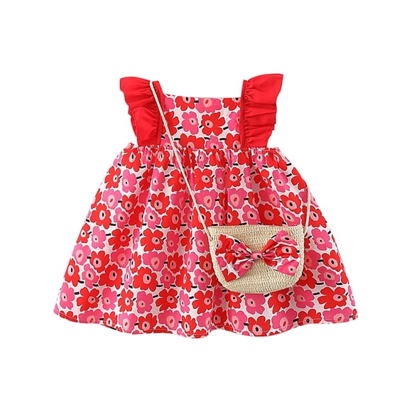 Robes Décontractées pour Bébés Filles Été à Fleurs Col Rond à Volants Sans Manches en Tulle Tutu Princesse Plage Vacances Robe Vêtements de Sport, Rouge, 3-6 Mois