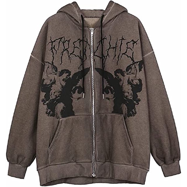 Sudadera con capucha Y2K con estampado de retrato para mujer, manga larga, con cremallera, con bolsillos, color café XL ER