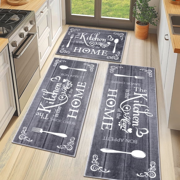 MeyJey Juego de Tapetes de Cocina Estilo Rústico, 3 Piezas Antideslizantes, Lavables a Máquina, para el Piso Del Hogar y la Sala de Estar, Gris Oscuro