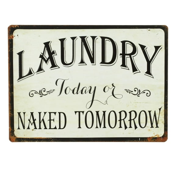 Diva At Home Set of 4 Off-White and Black Rustic Finished Laundry Today or Naked Tomorrow Wall Signs