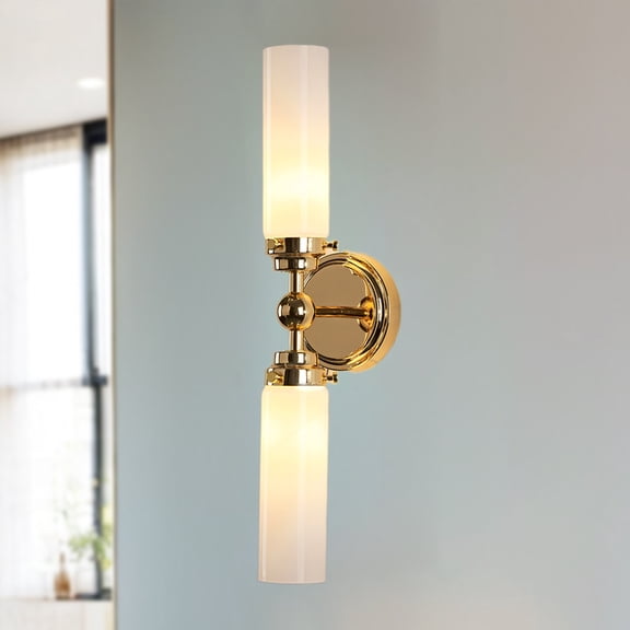 Modern Opaque Glass Tube Brass Double Vanity Light, Contemporary Silhouette Sconce, Spherical Detail Wall Light, Hand-Polished Wall Sconce beside/over Mirror, for Hallway, Entryway, Bathroom