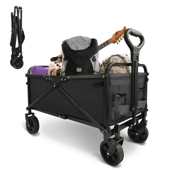 Collapsible Foldable Wagon, Beach Cart Large Capacity, Heavy Duty Folding Wagon Portable, for Outdoor Sports, Shopping, Camping, Black