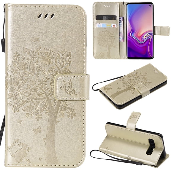 Galaxy S10 Case, Samsung Galaxy S10 Phone Cases, Allytech [Embossed Cat & Tree] PU Leather Wallet Case Folio Flip Kickstand Cover with Card Slots for Samsung Galaxy S10 Cell Phone, Gold