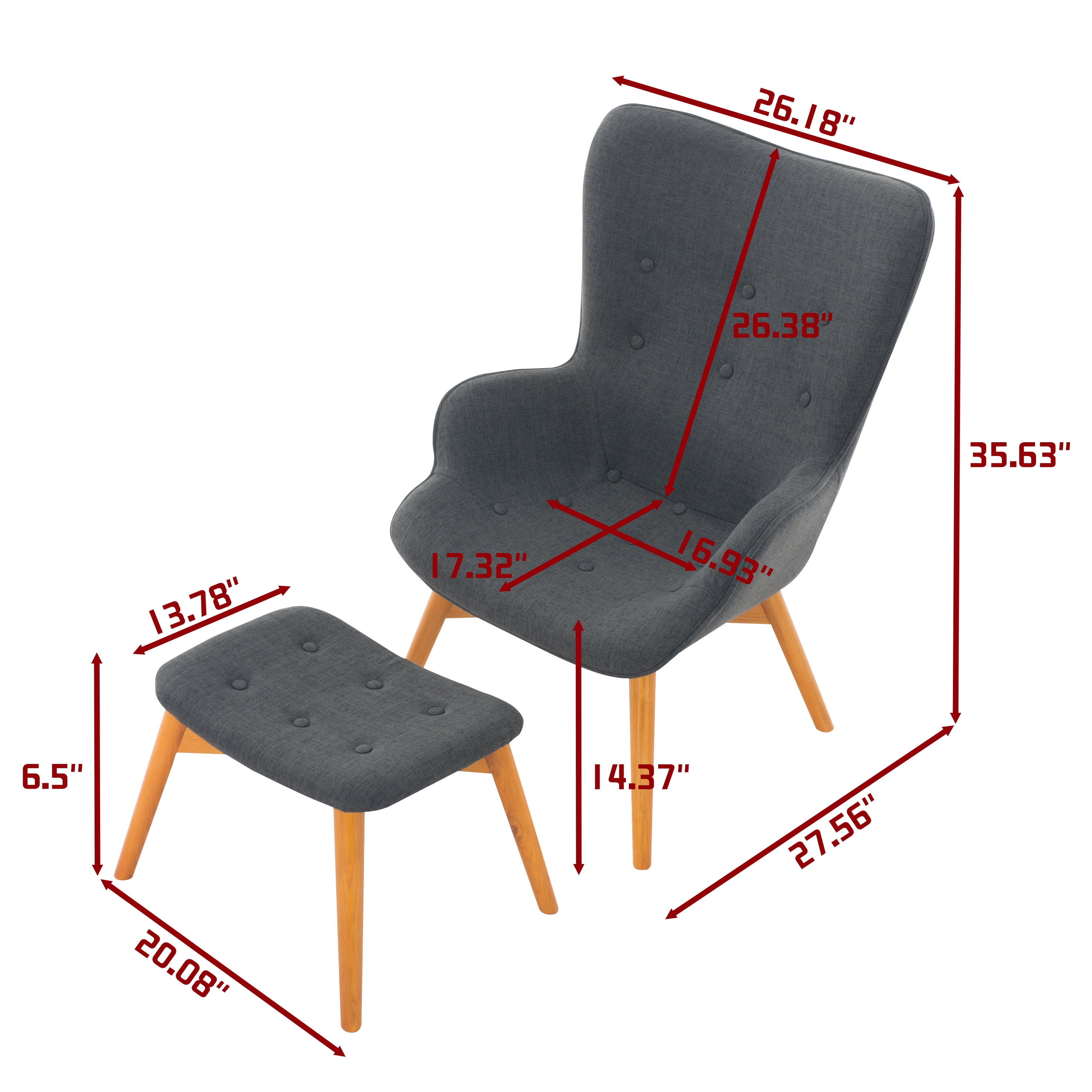 BSHTI Linen Button-Tufted Wingback Armchair with Ottoman, Modern Mid Century Accent Chair, Grey Linen Reading Lounge Chair for Bedroom Living Room Home Office