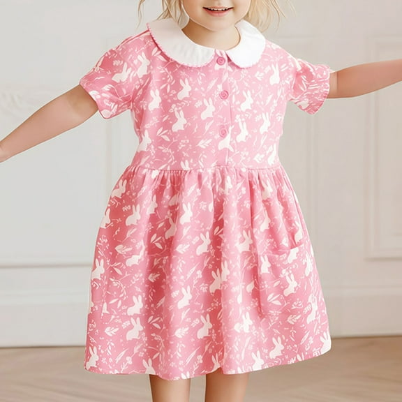 Ydojg Toddler Girl Easter Dress Size 18-24 Months Crew Neck Short Sleeve Outfit Cute Ruffle Bunny Print Dresses Summer Birthday Dress For Girls Pink