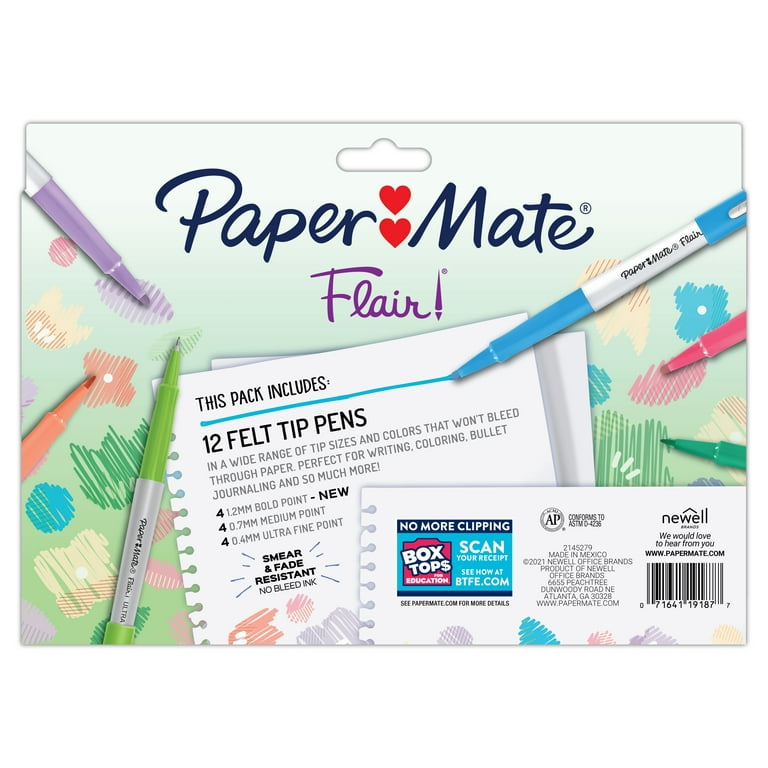 Paper Mate Flair Felt Tip Pens, Assorted Tips and Colors, 12 Count 