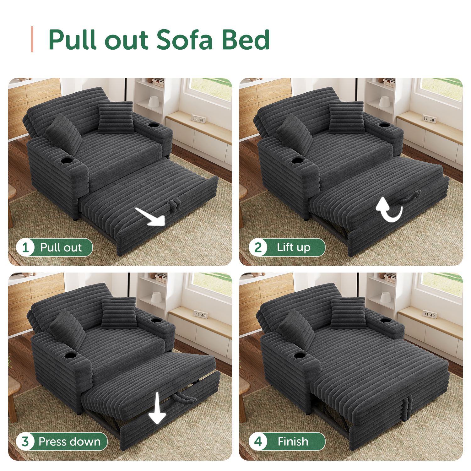 Marrber Gray Plush Sofa 52” 3-in-1 Convertible Pull-Out Sofa Bed Sleeper Loveseat with Reclining Backrest, Built-in Cup Holders, Corduroy Upholstered Sofa for Small Space
