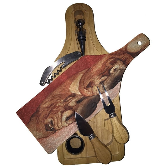 KuzmarK Wine & Cheese Glass Cutting Board Wood Box Gift Set - Chinese Shar-Pei Mother and Daughter Art by Denise Every