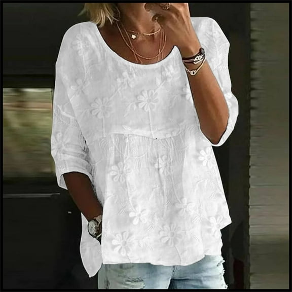 Women's Long Sleeve T-shirt Women'S Print T Shirt Half Sleeved Round Neck Shirt 3/4 Sleeved T Shirt Loose Large Size T Shirt, Women's Long sleeve T-shirt M