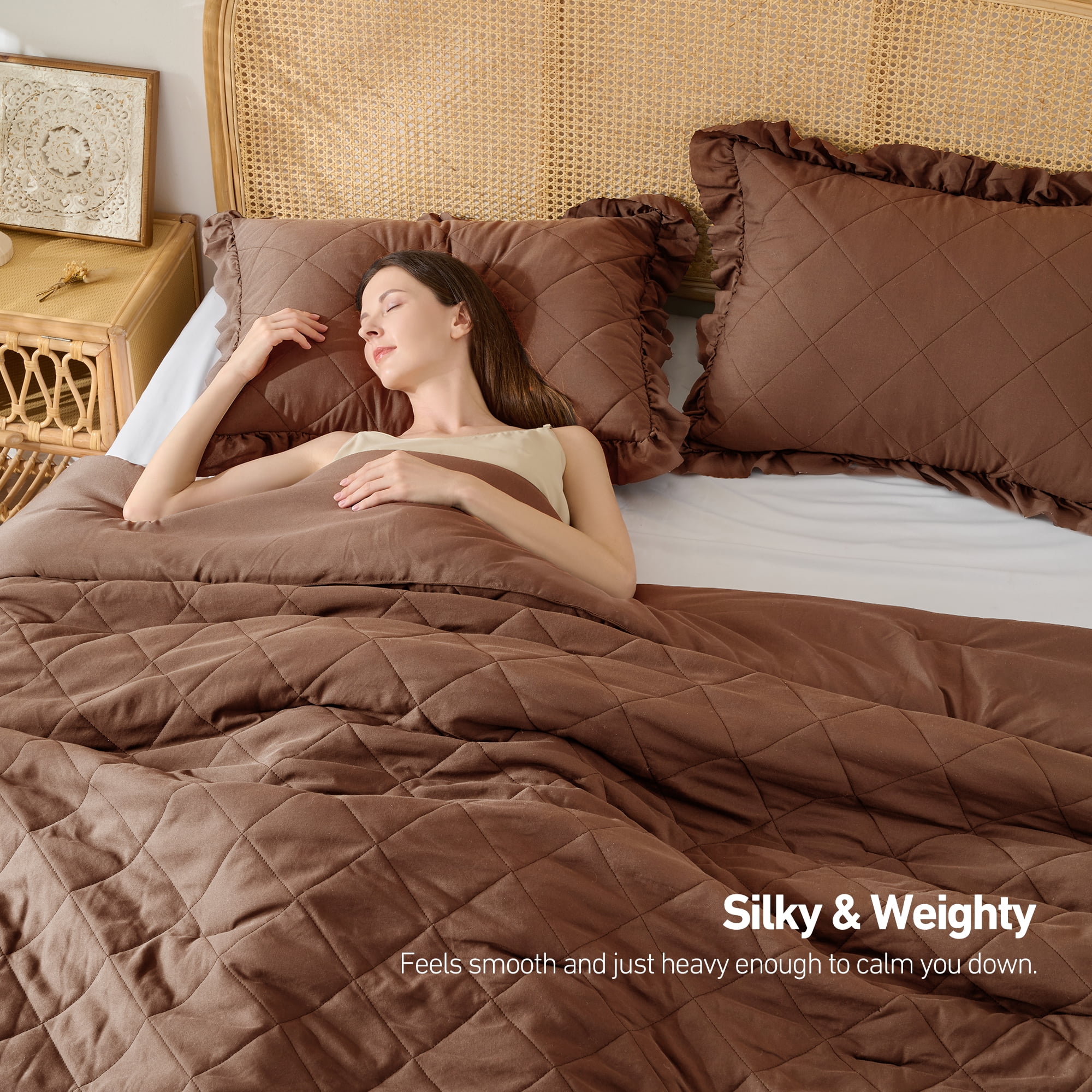 Regency Heights Full/Queen Comforter Set Brown, 3 Pieces Quilted Ruffle Comforters Full/Queen Size, Solid Bedding Comforters Sets, Gift for Women