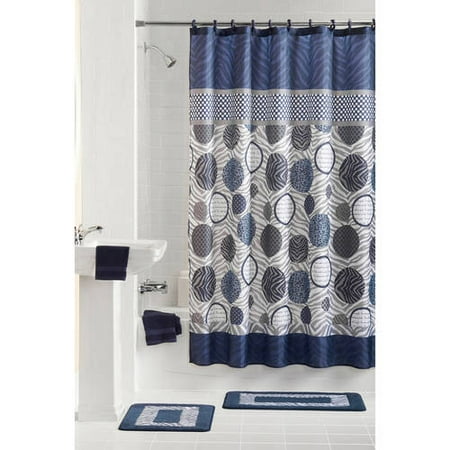 Mainstays Aaron Blue 15 Piece Bath Set with Polyester Shower Curtain and Bath Rugs
