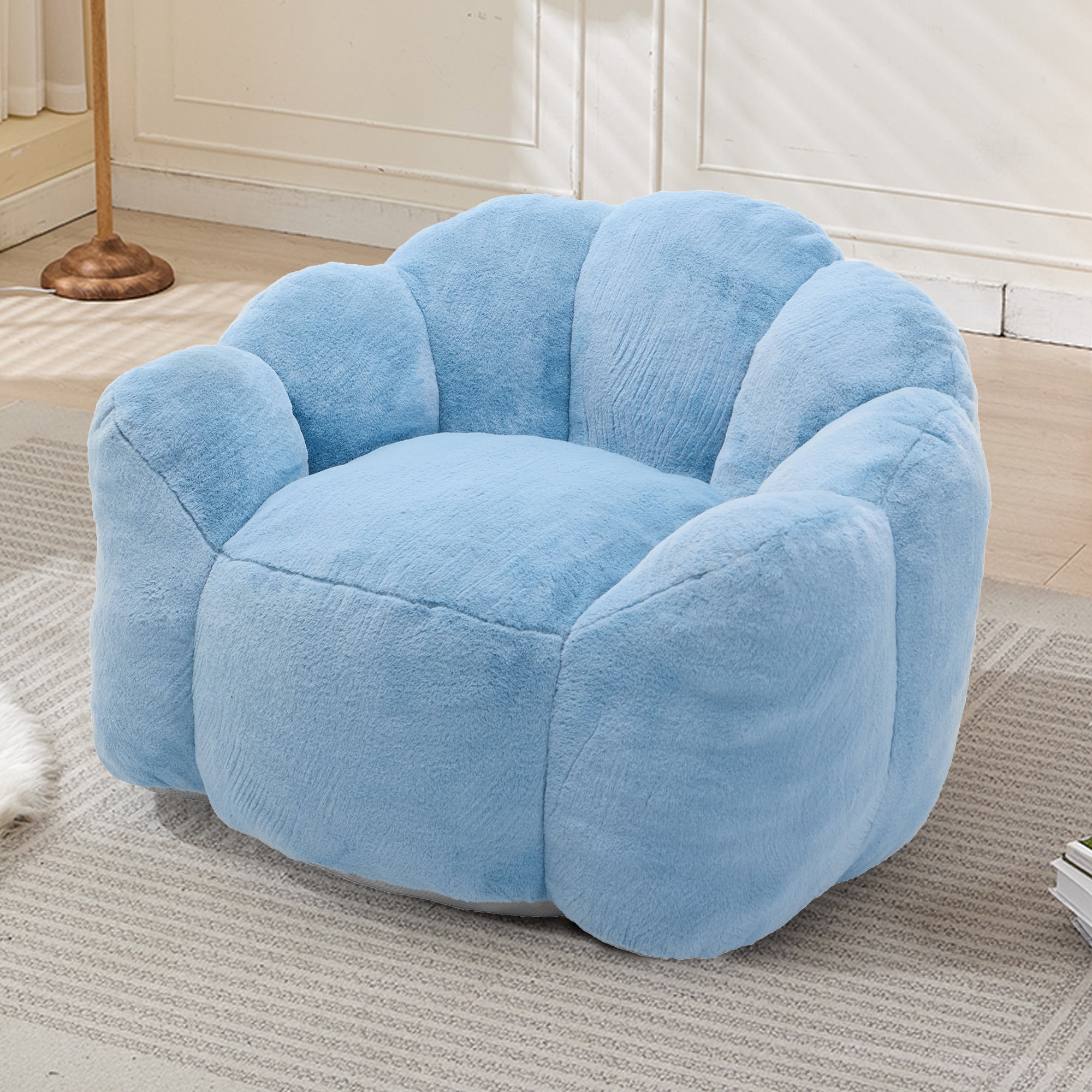 Peispie Lotus Flower Bean Bag Chair for Adults & Teens, Comfy Floor Sofa Lounge Chair with Armrests & Handle, High-Density Memory Foam Filled Pillow Reading Accent Chair for Bedroom, Blue