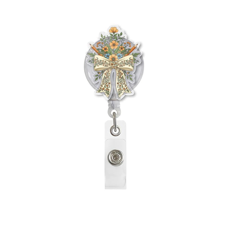TiniDecor Floral Bow Badge Reel, Elegant Daisy Bouquet Retractable ID Holder, Cute Gift for Nurses & Teachers