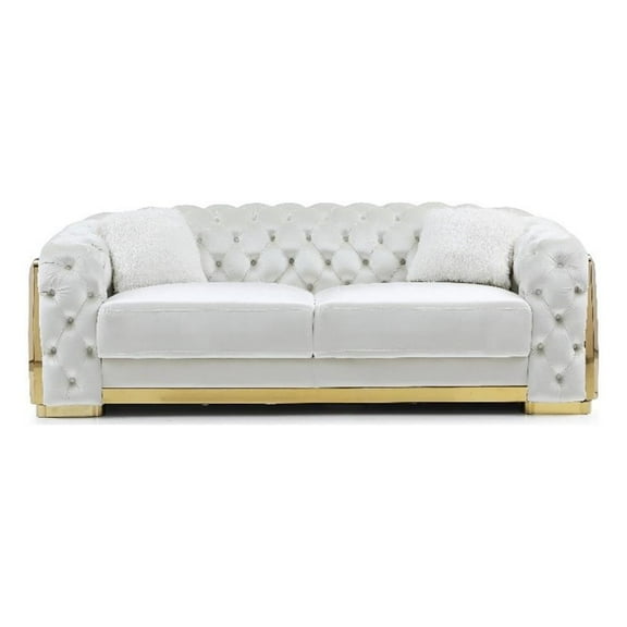 Pemberly Row 19"H Button-Tufted Velvet Sofa with Cushion in Ivory/Gold