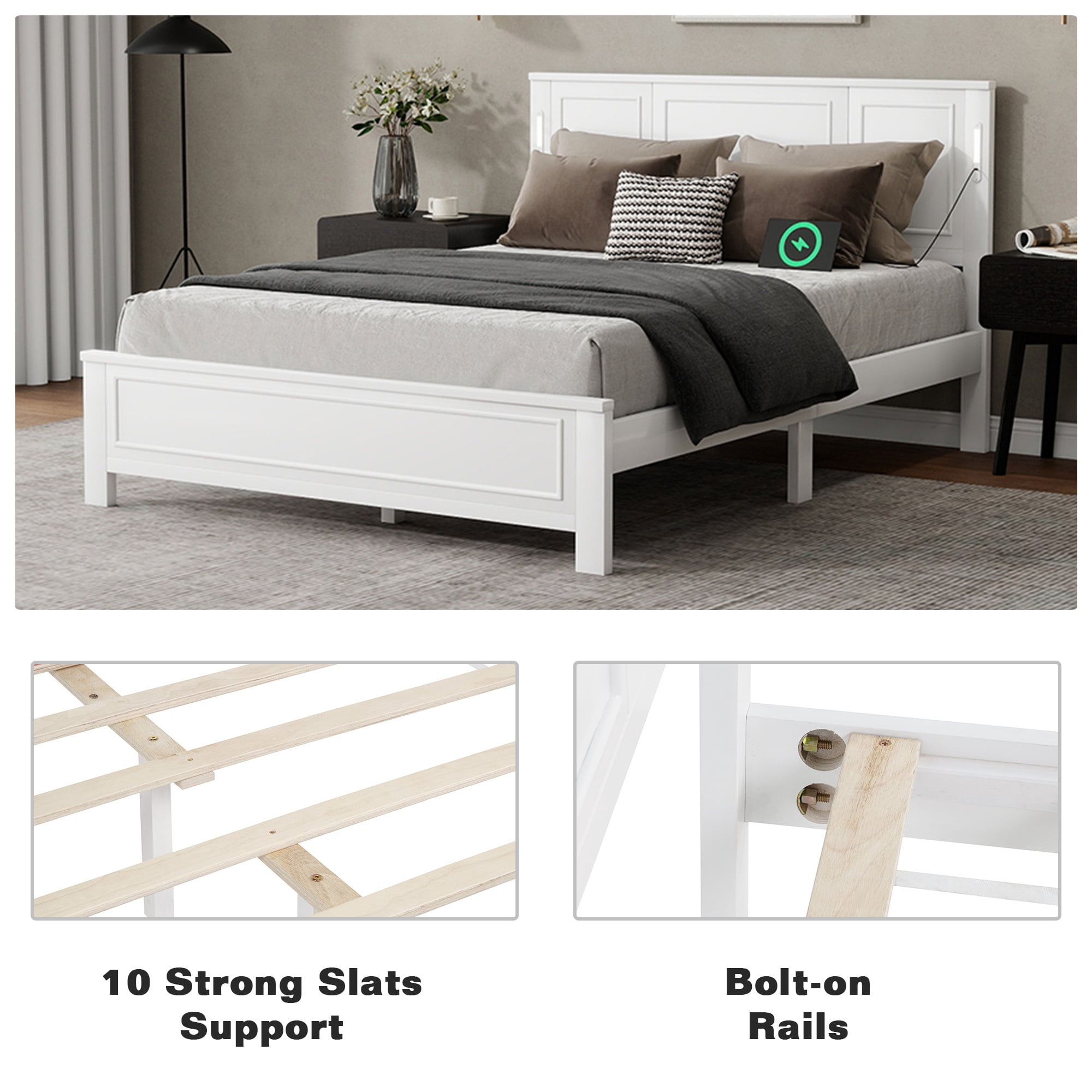 PORKISS Queen Size Platform Bed Frame with LED Lights, USB Charging Station, Solid Wood Queen Bed Frame with Headboard, Wooden Slat Support for Bedroom, White