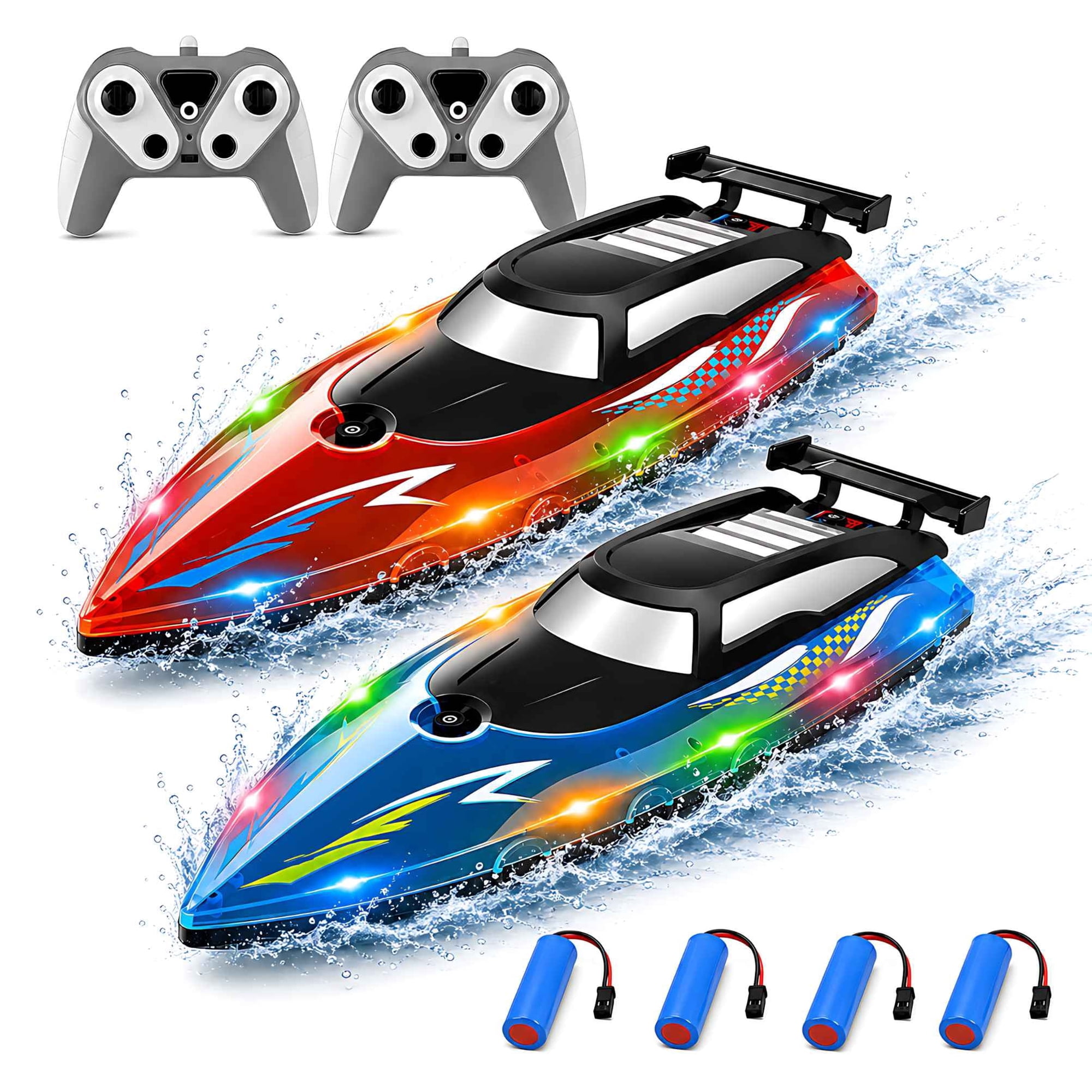 Tigozz 2 Pack RC Boats for Kids, Red and Blue LED Remote Control Racing Boats, 2.4GHz Controllers for Pool and Lake, 4 Batteries Included